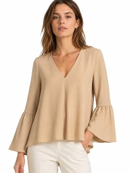 Tibi Tops - Tibi V-Neck Blouse Long Bell Sleeves Neutral Beige Crepe Modern Top Flowy Size S